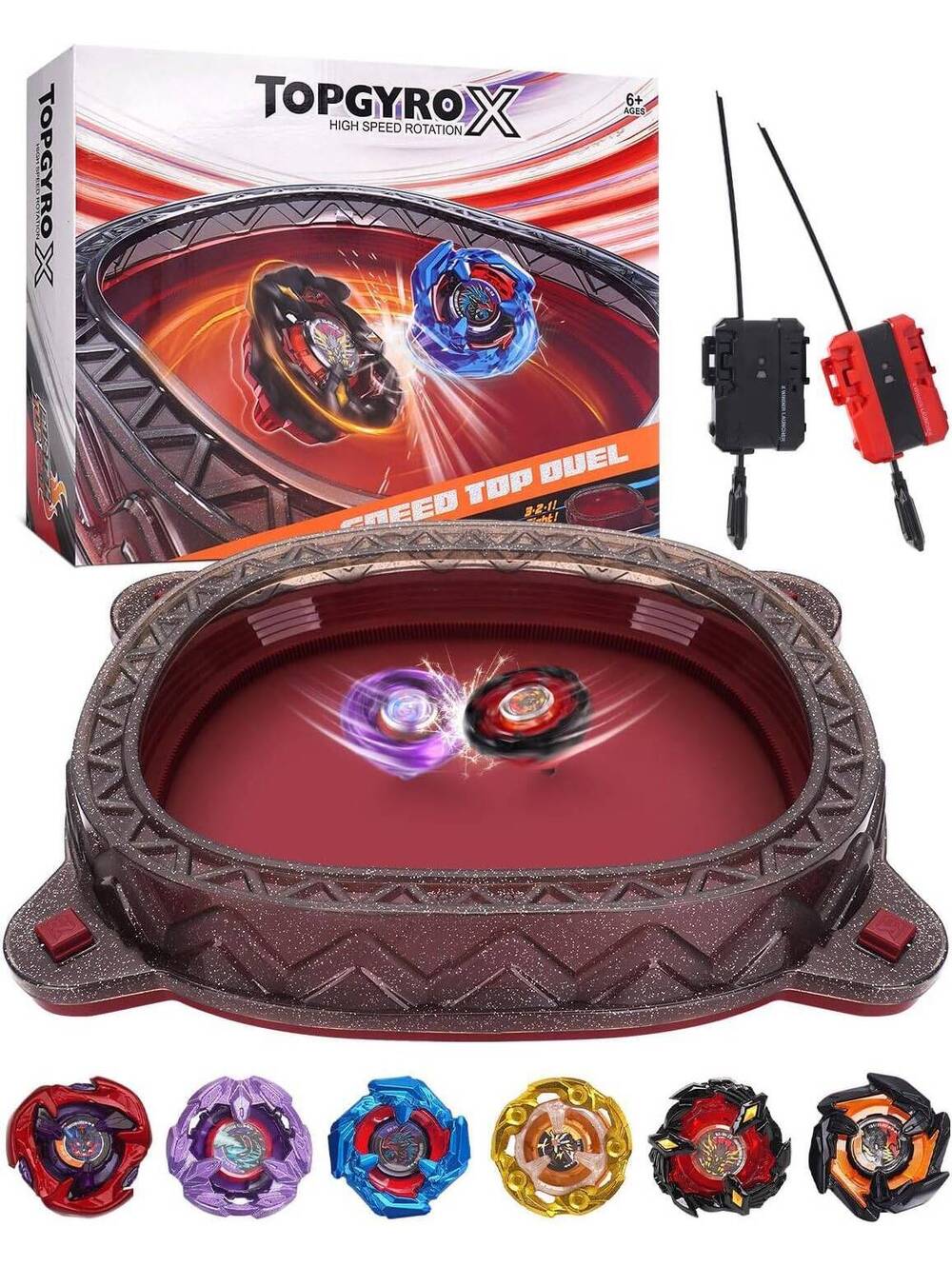 TopGyroX Stadium Starter Kit - 6 Gyro Battling Tops, 2 Launchers & 1 Arena